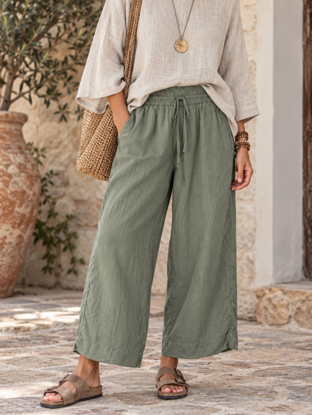 J Crew Seaside Relaxed Drawstring Wide-Leg Linen Pants - Sage Green
